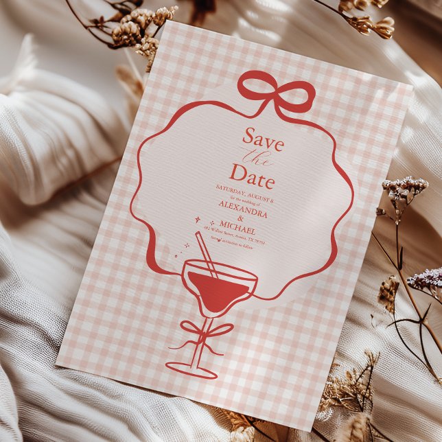 Save The Date Main Whimsical tiré Bow rouge Mariage vague (Créateur téléchargé)