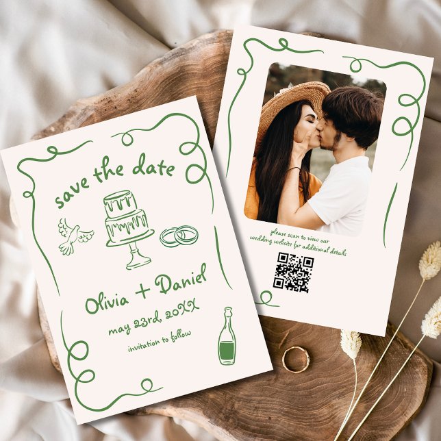 Save The Date Main Whimsical Tirée Mariage Photo Vert (Créateur téléchargé)