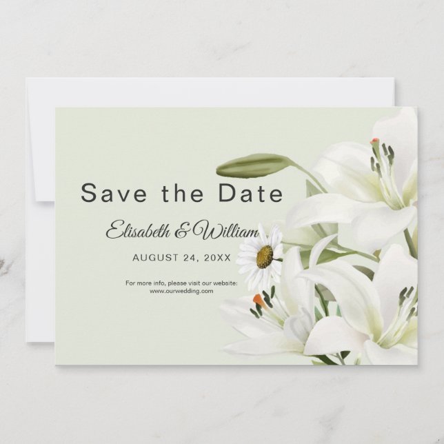 Save The Date Maisières Et Lys Blancs Arrière - plan Vert Clair (Devant)