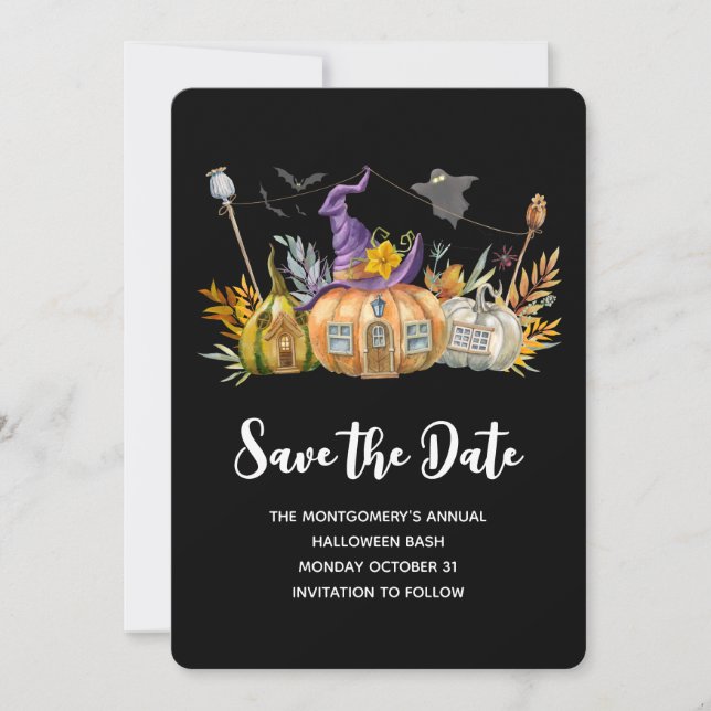 Save The Date Maison citrouille avec Fantôme et chauves-souris (Devant)