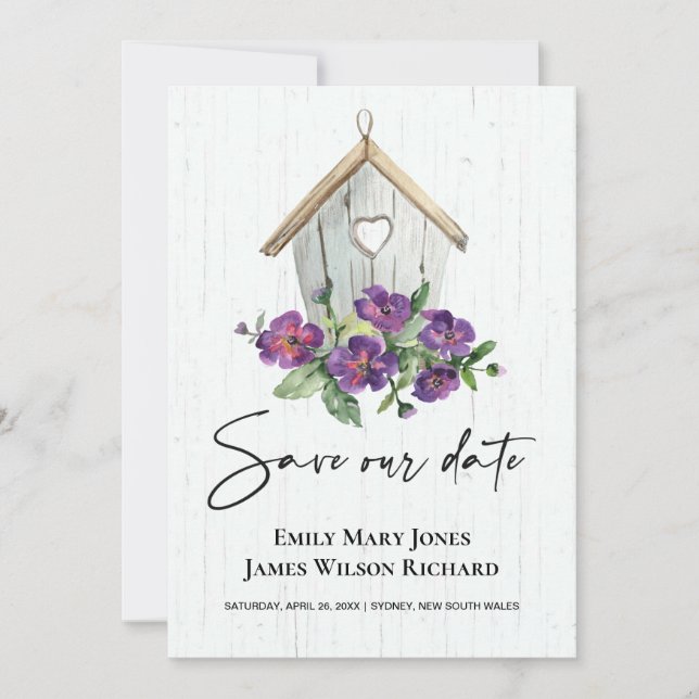 SAVE THE DATE MAISON D'OISEAU FLORALE EN BOIS BLANC RUSTIQUE (Devant)