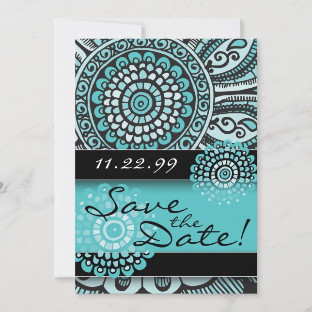 Save The Date Mandala Lace Turquoise Black Enregistrer le Mariag (Devant)