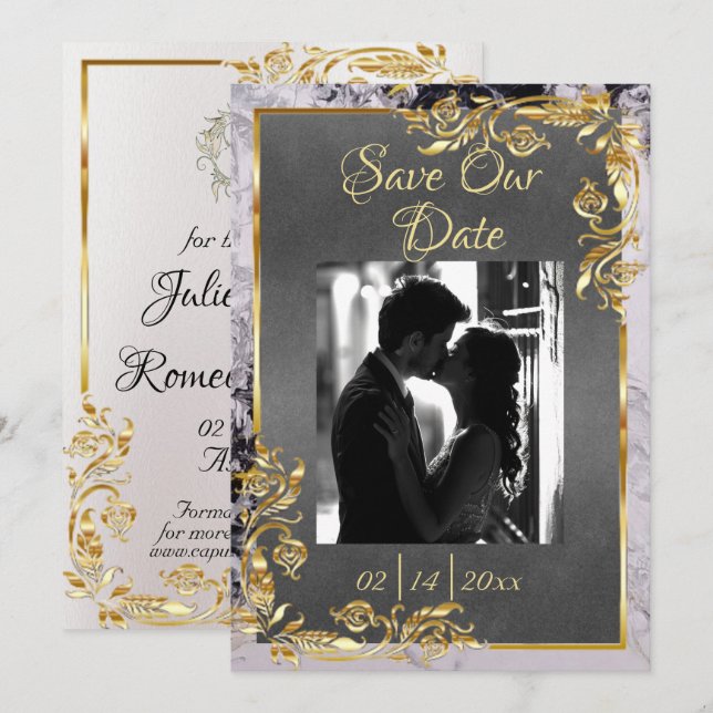 Save The Date Marble & Grey, Gold Frame, Silver Heart (Devant / Derrière)