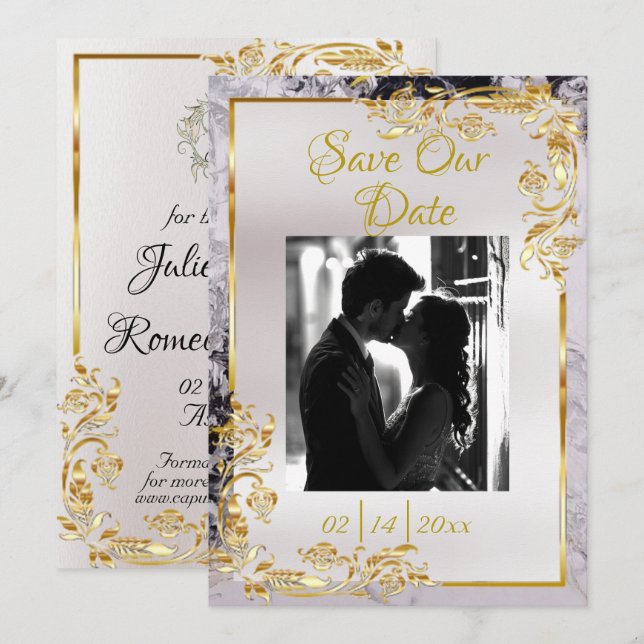 Save The Date Marble & White, Gold Frame, Silver Heart (Devant / Derrière)
