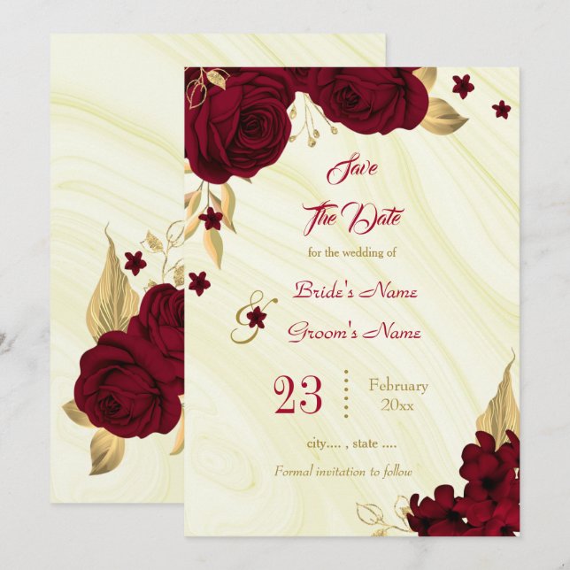 Save The Date marbre à fleurs bordeaux et or (Devant / Derrière)