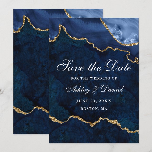 Save The Date Marbre Agate Géode Bleu Aquarelle Or (Devant / Derrière)