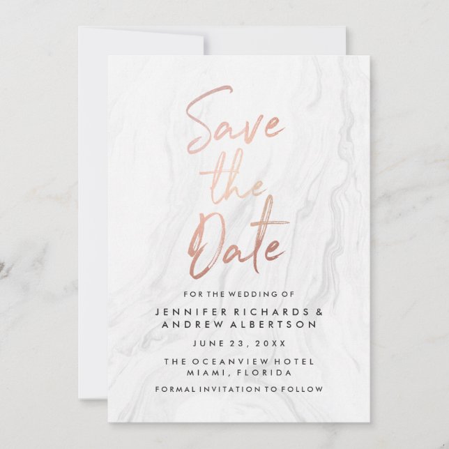Save The Date Marbre blanc Moderne Rose Gold Script Enregistrer  (Devant)