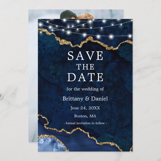Save The Date Marbre Bleu Aquarelle Agate Géode Lumières Photo (Devant / Derrière)