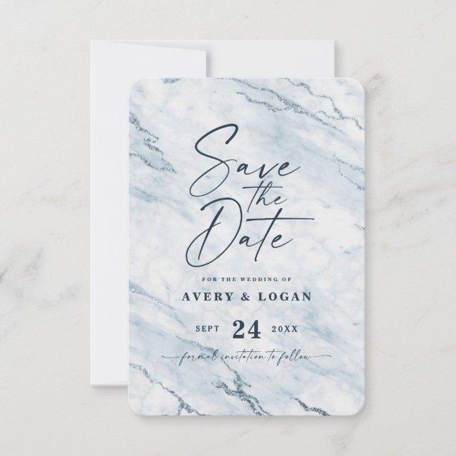 Save The Date Marbre clair de lune chic avec huile bleu Dusty Dé (Devant)