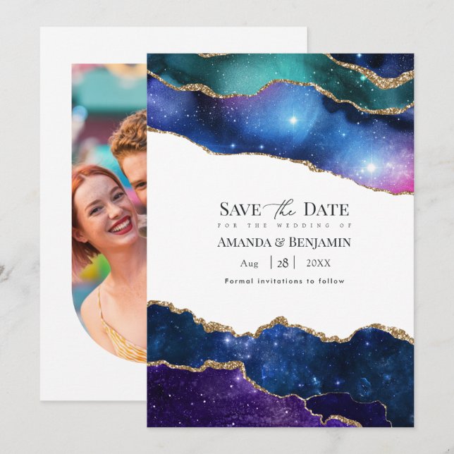 Save The Date Marbre Géode Galaxie Faux Paillettes Céleste Maria (Devant / Derrière)