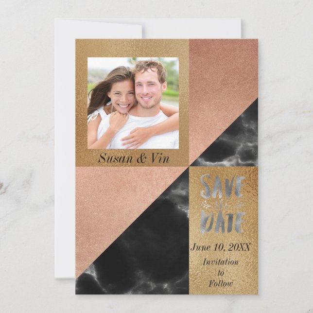 Save The Date Marbre Géométrique Or et Noir Abricot (Devant)