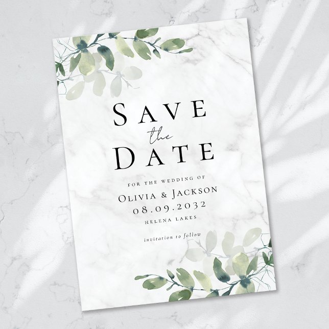 Save The Date Marbre moderne Eucalyptus Typographie Mariage (Créateur téléchargé)