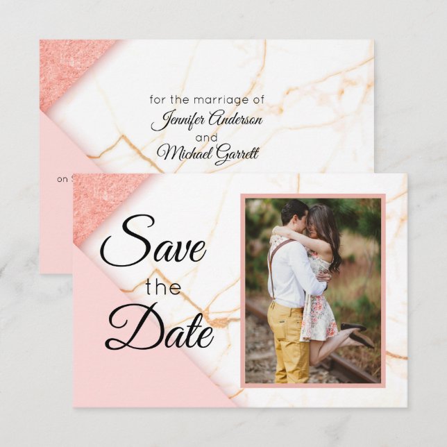 Save The Date Marbre Moderne Pailleté Rose et Or (Devant / Derrière)