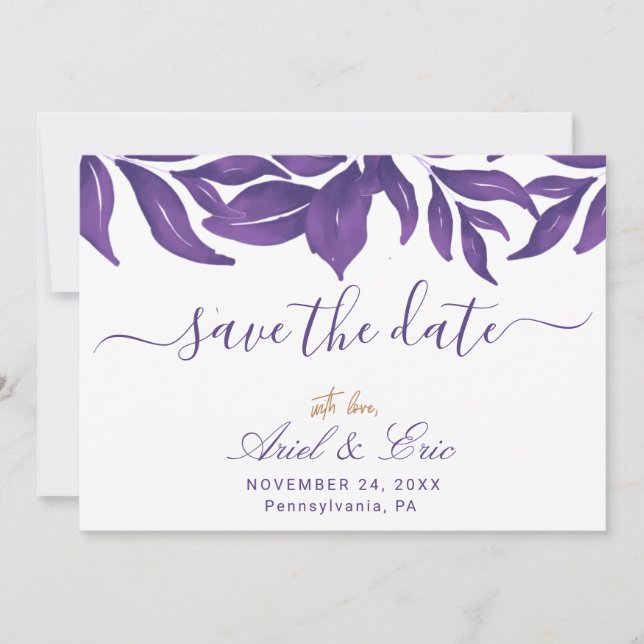 Save The Date Marbre Violet & Eucalyptus Doré Mariage Élégant (Devant)