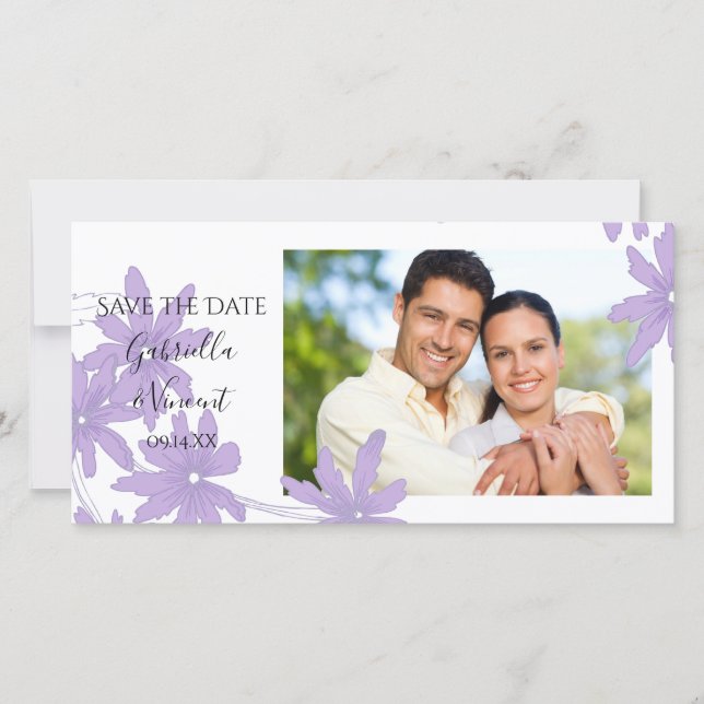 Save The Date Marguerites violettes sur mariage blanc Enregistre (Devant)