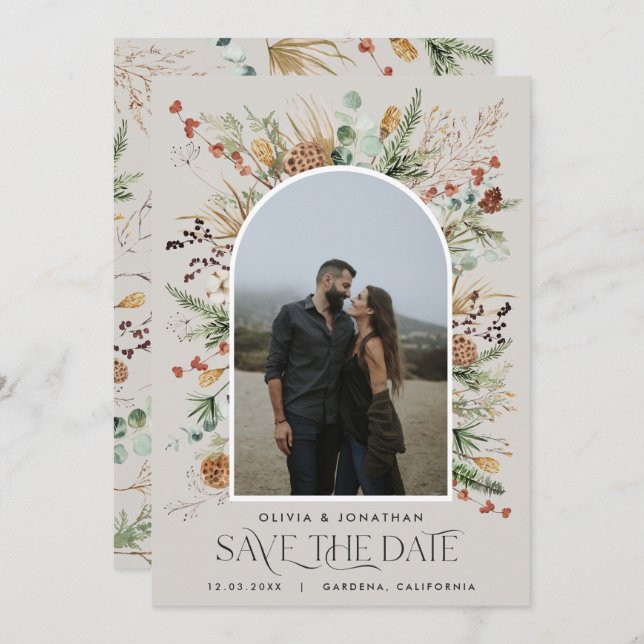 Save The Date Mariage 1 arche photo aquarelle botanique floral (Devant / Derrière)
