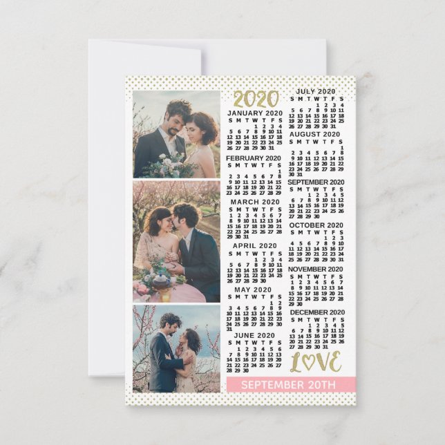 Save The Date Mariage 2020 Calendrier Blush Pink Gold 3 Photos (Devant)