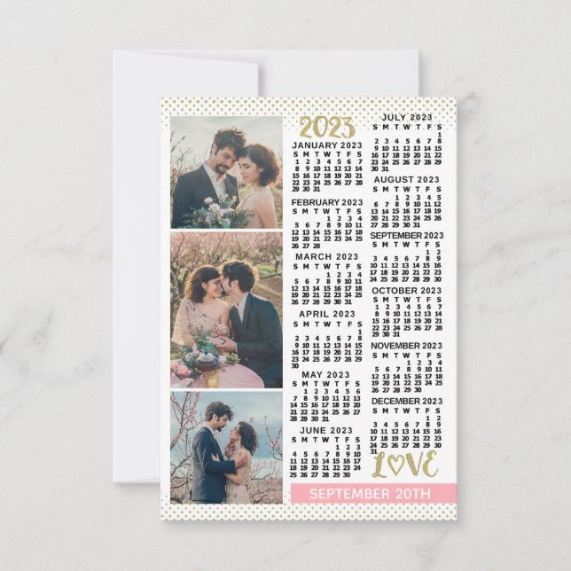 Save The Date Mariage 2023 Calendrier Blush Pink Gold 3 Photos (Devant)