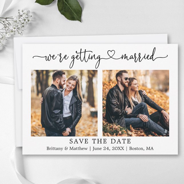 Save The Date Mariage 2 Photo Calligraphie Moderne Cœur (Customize to add text to back of card.)