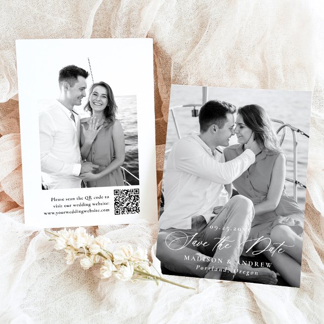 Save The Date Mariage 2 Photo QR Code Calligraphie Élégante Mode (Créateur téléchargé)