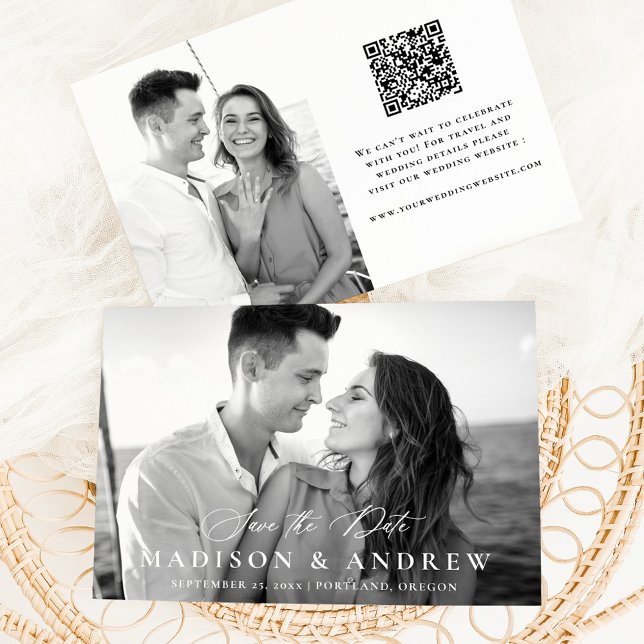 Save The Date Mariage 2 Photo QR Code Calligraphie Élégante Mode (Créateur téléchargé)