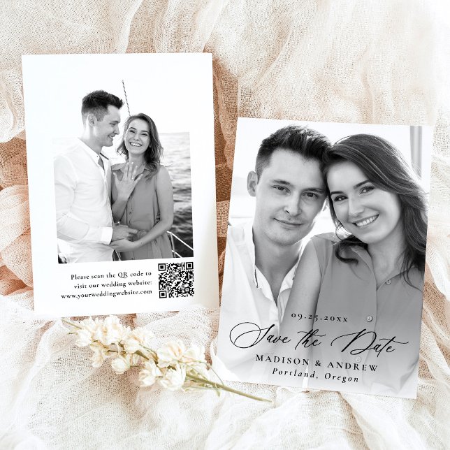 Save The Date Mariage 2 Photo QR Code Calligraphie Élégante Mode (Créateur téléchargé)