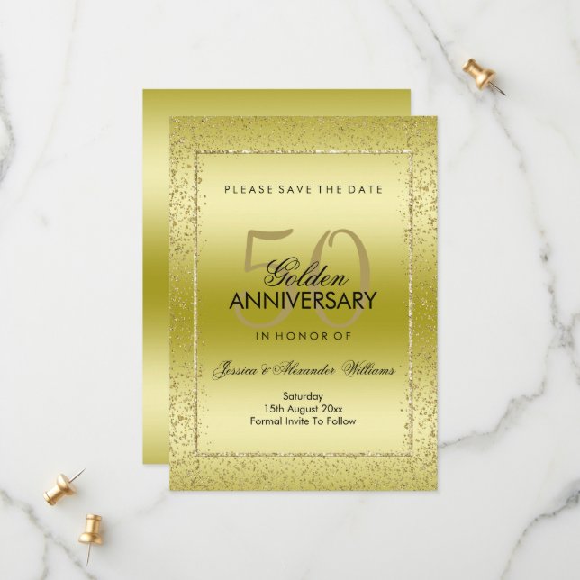Save The Date Mariage 50 ans Stylé Confetti Or  (Devant/Arrière en situation)