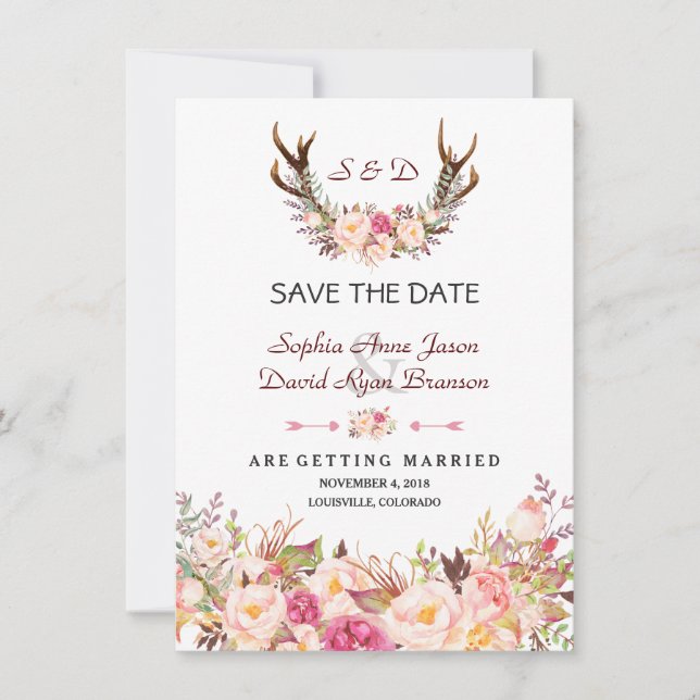 Save The Date Mariage à Bois de Cerf Floral Rose Charmant (Devant)