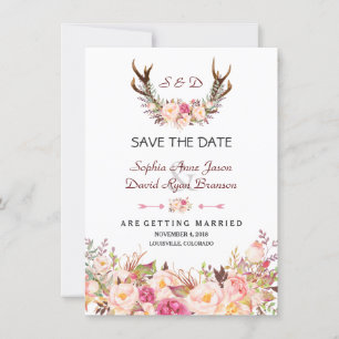 Save The Date Mariage à Bois de Cerf Floral Rose Charmant