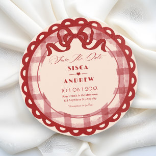 Save The Date Mariage à carreaux avec noeud rouge