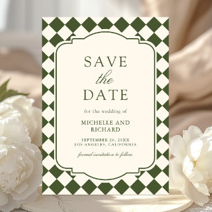 Save The Date Mariage à carreaux vert olive ivoire d'argent anci