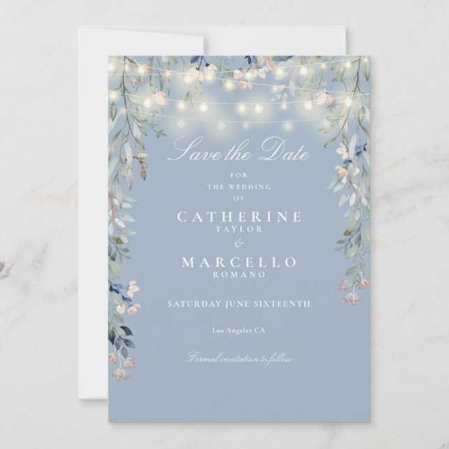 Save The Date Mariage à cordes florales bleu foncé (Devant)