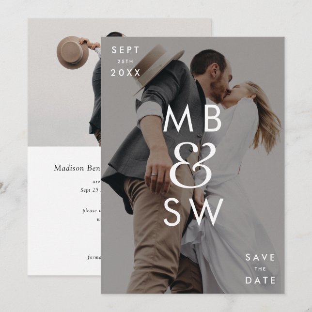 Save The Date Mariage à deux faces avec monogramme moderne esper (Devant / Derrière)