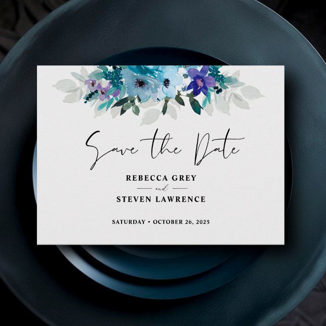 Save The Date Mariage à fleurs bleu pourpre et somptueux (Créateur téléchargé)