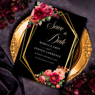 Save The Date Mariage à fleurs noir rouge chic