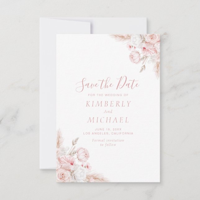 Save The Date mariage à fleurs rose moderne et poussiéreuse (Devant)