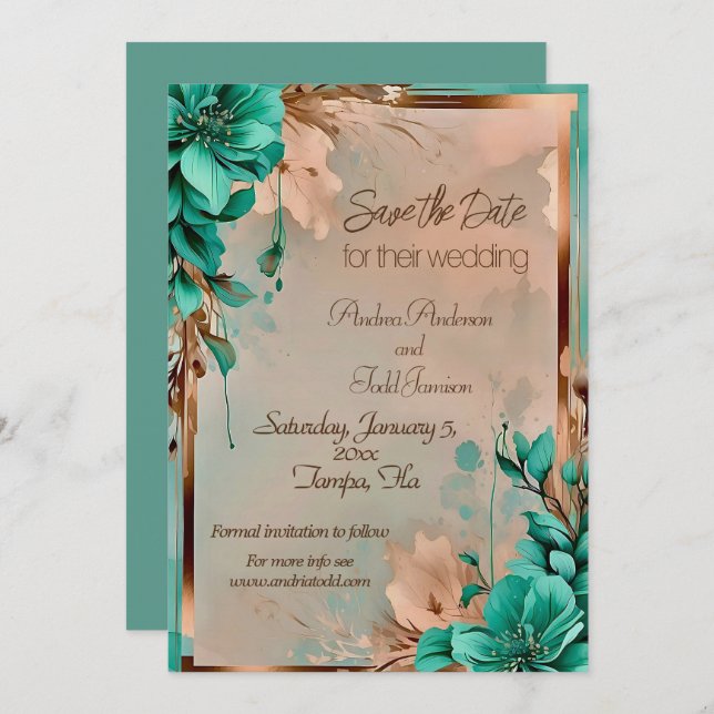 Save The Date mariage à fleurs turquoise et cuivre (Devant / Derrière)