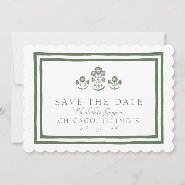 Save The Date Mariage à Impression Botanique Verte et Blanche (Devant)