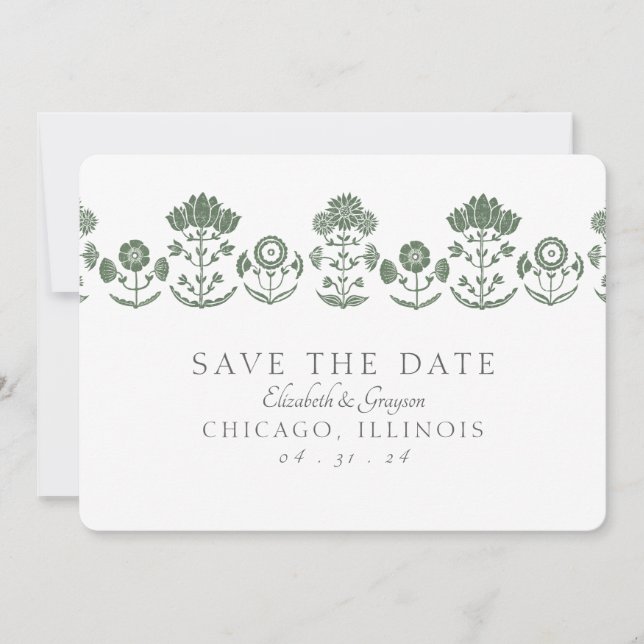 Save The Date Mariage à impression botanique verte et blanche (Devant)