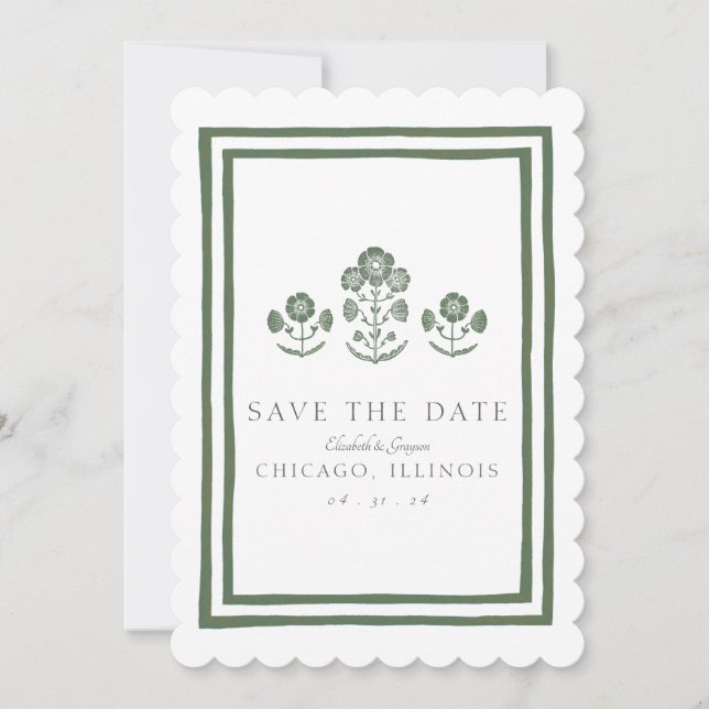 Save The Date Mariage à Impression Botanique Verte et Blanche su (Devant)