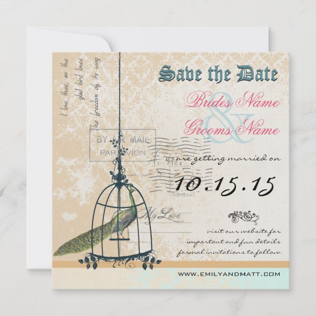 Save The Date Mariage à la cage de l'oiseau Paon de Damas Enregi (Devant)
