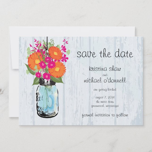 Save The Date Mariage à la campagne avec des gerberas dans un bo (Devant)