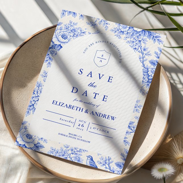 Save The Date Mariage à la chinoiserie classique bleu et blanc (Créateur téléchargé)