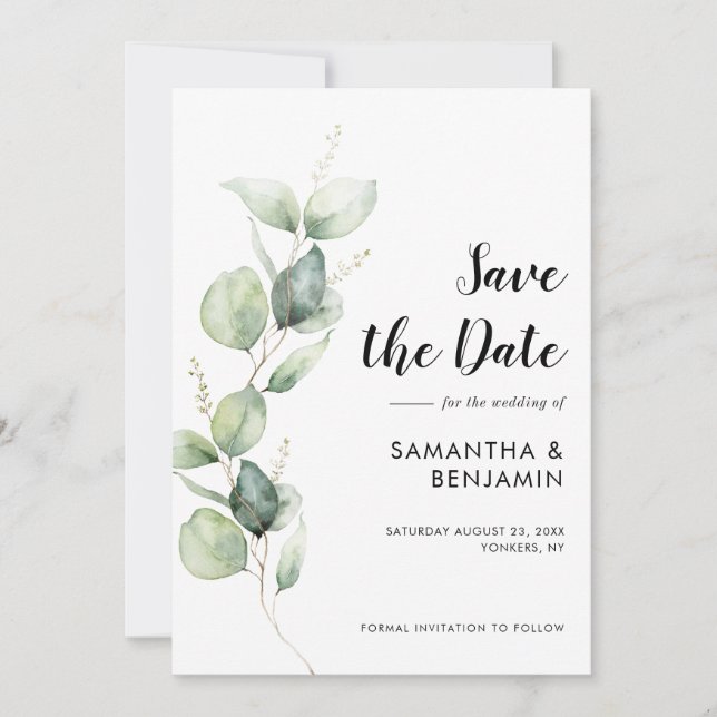 Save The Date Mariage à la gouache avec verdure d'eucalyptus (Devant)