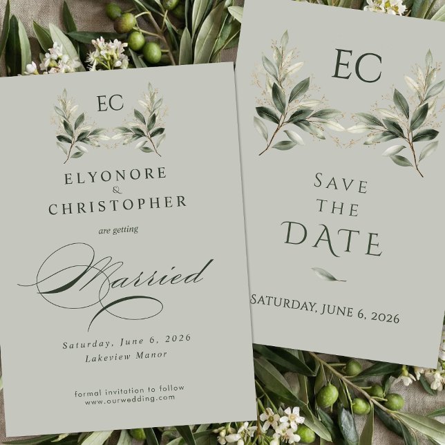 Save The Date Mariage à la Monogramme de Branche d'Olivier Vert  (Créateur téléchargé)