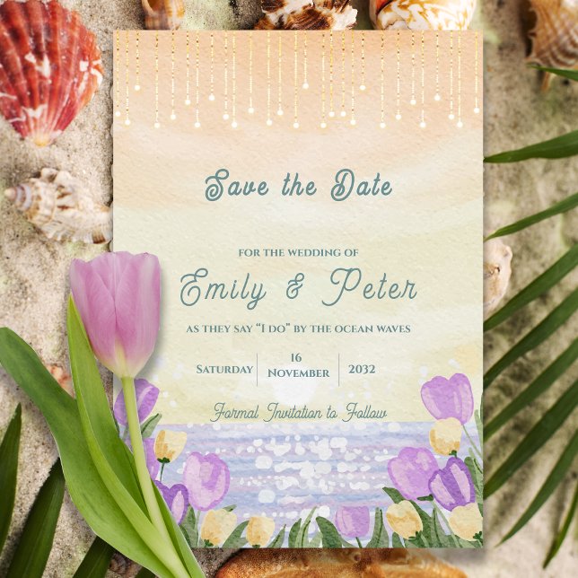 Save The Date Mariage à la plage à l'aquarelle Vagues océaniques (Watercolor Beach Romantic Ocean Waves Wedding Save The Date)