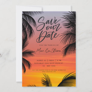Save The Date Mariage à la plage de palmiers au coucher du solei