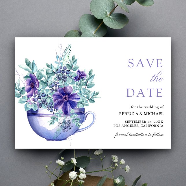 Save The Date Mariage à la tasse de thé aux anémones aquarelles  (Créateur téléchargé)