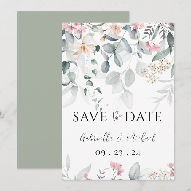 Save The Date Mariage à la verdure aquarelle rose (Devant / Derrière)