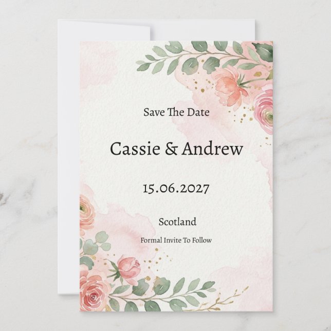 Save The Date Mariage à la verdure de rose carmin (Devant)